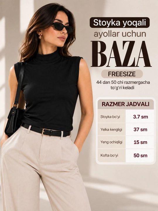 Ayollar uchun krop top, stoyka yoqali baza, yengsiz 44-54 gacha keladi free size, Xitoy