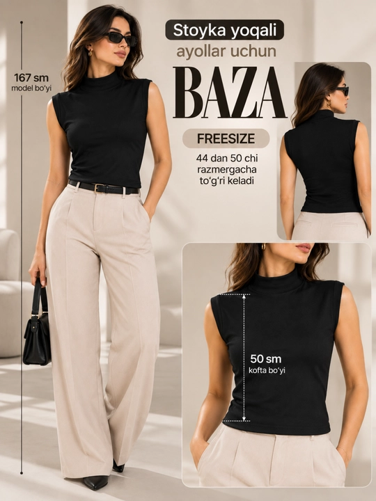 Ayollar uchun krop top, stoyka yoqali baza, yengsiz 44-54 gacha keladi free size, Xitoy