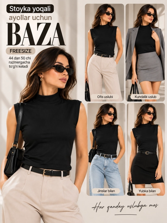 Ayollar uchun krop top, stoyka yoqali baza, yengsiz 44-54 gacha keladi free size, Xitoy
