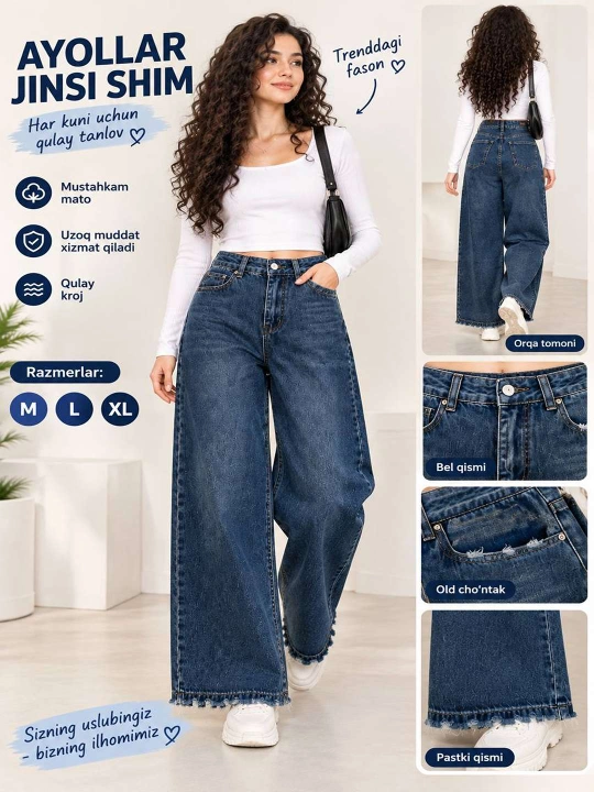 Bo'ksa qismidan kengayib ketgan jinsi shimlar, baggy shimlar