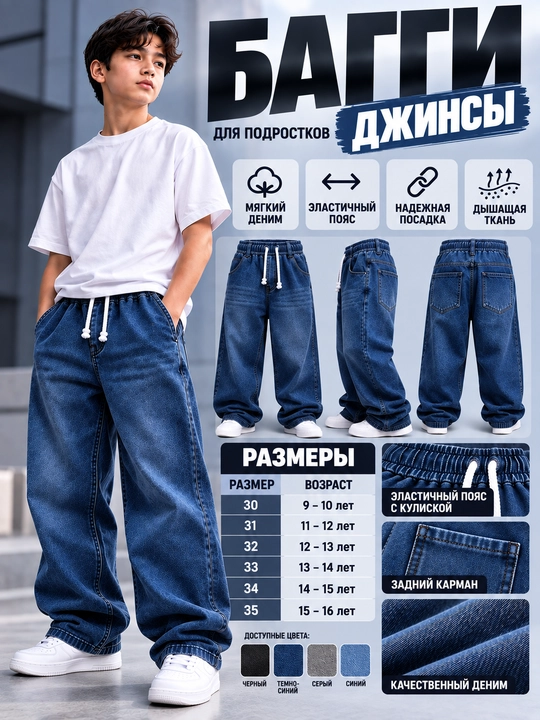 Багги джинсы для подростков, деним, широкий крой, эластичный пояс, 9–16 лет - 