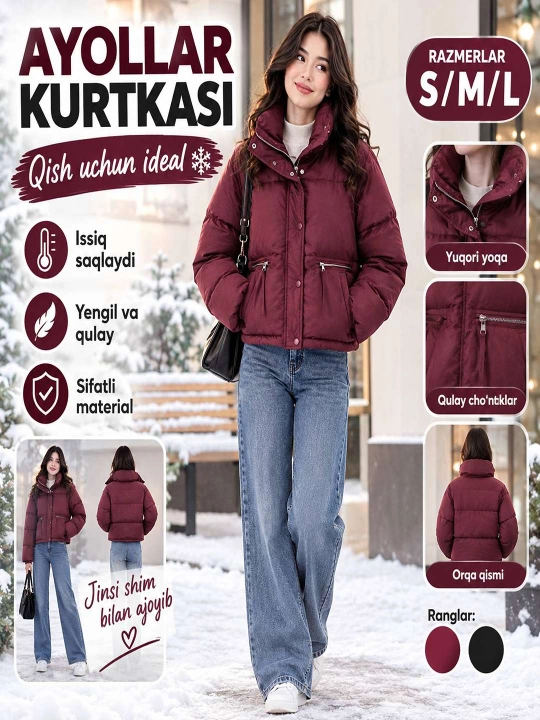 Ayollar va qizlar uchun kurtka, qalin, issiq, qish va kuz uchun mo'ljallangan