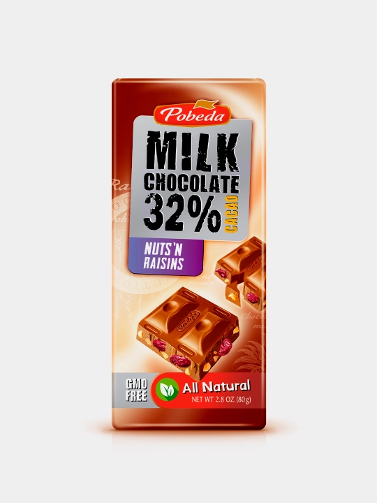Шоколад молочный Победа, 32% какао, с орехом и изюмом, 80 г - 