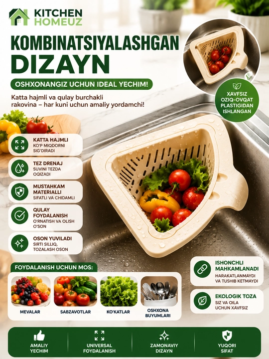 Oshxona uchun burchakli, kombinatsiyalangan rakovina organizatori
