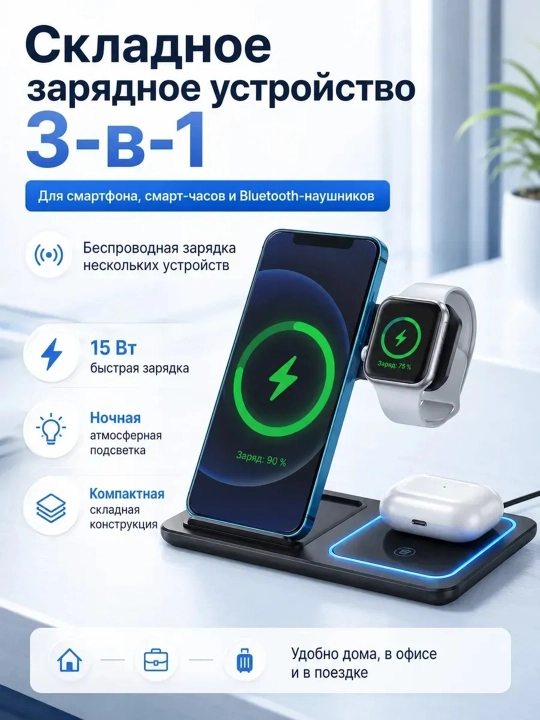 Беспроводная зарядка и зарядная станция 3 в 1 для телефона - 