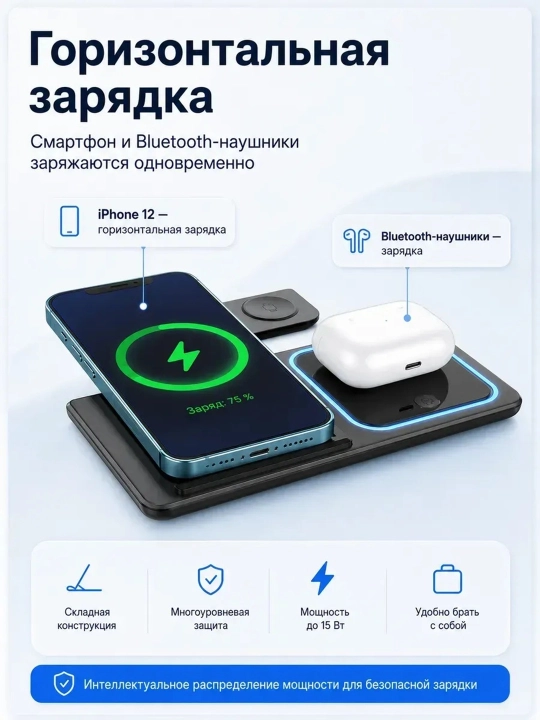 Simsiz zaryadlovchi qurilma va simsiz quvvatlagich stansiya 3 in 1
