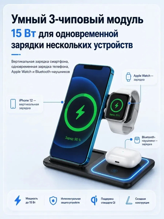 Simsiz zaryadlovchi qurilma va simsiz quvvatlagich stansiya 3 in 1