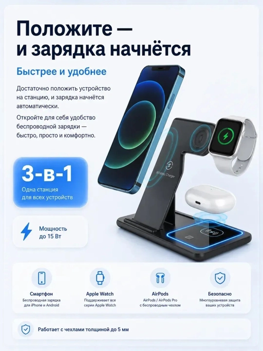 Simsiz zaryadlovchi qurilma va simsiz quvvatlagich stansiya 3 in 1