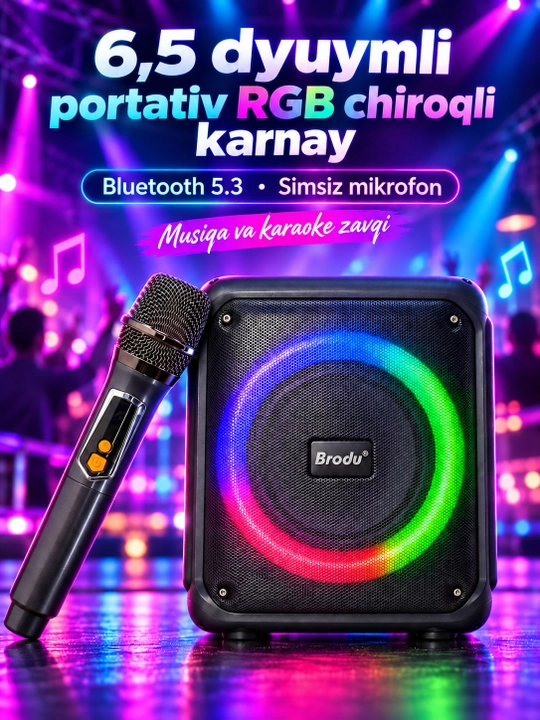 Portativ Bluetooth karnay , 6,5 dyuym, RGB chiroq, 10 Vt