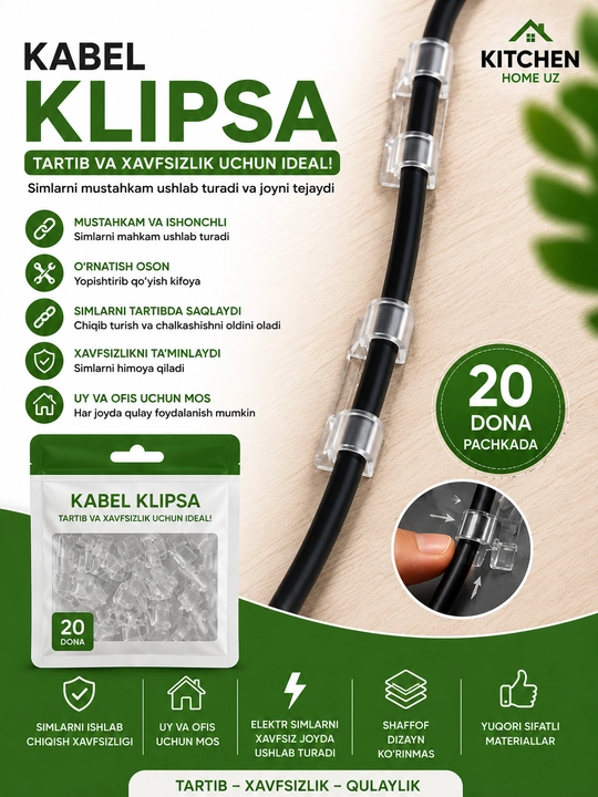 Kabel klipsalari — sim va kabellarni tartibli saqlash uchun qulay yechim!