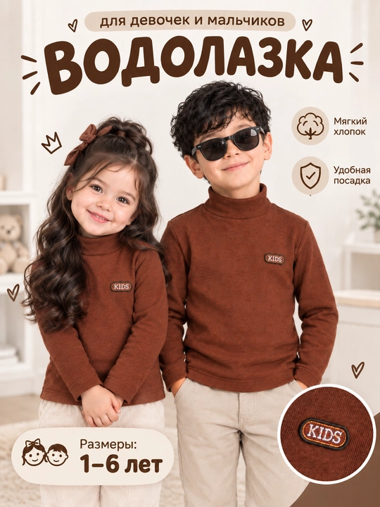 Детская водолазка 1-6 лет для мальчика и девочки, кофта с высоким воротником - 