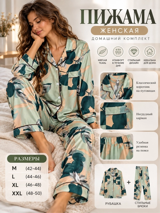 Пижама женская, рубашка и брюки, домашний костюм - 