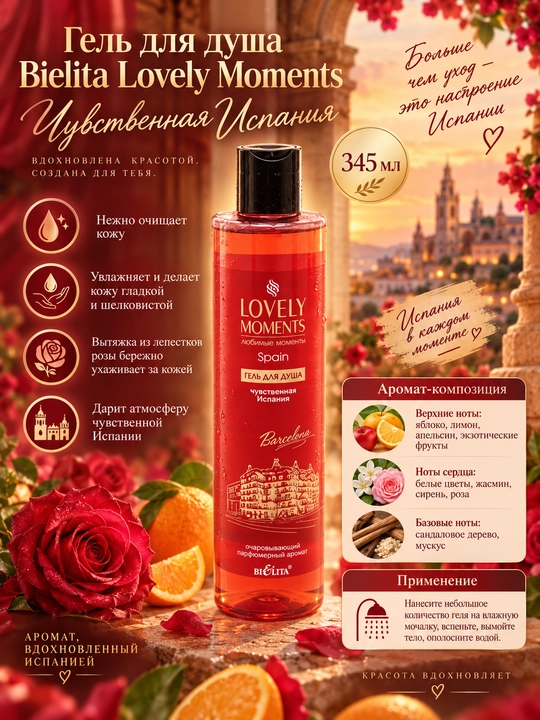 Dush uchun gel Bielita Lovely Moments, hissiy Ispaniya, 345 ml