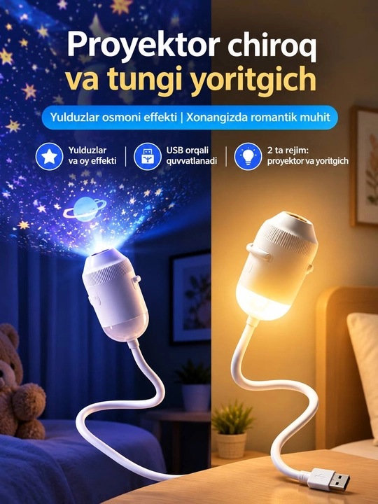 Tungi proyektor, yulduz proyektori, galaktika proyektori, xona chirog‘i, USB proyektor