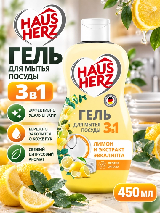 Гель для мытья посуды, Haus Herz, "Нежные ручки", эффективное удаление жира, густая формула - 