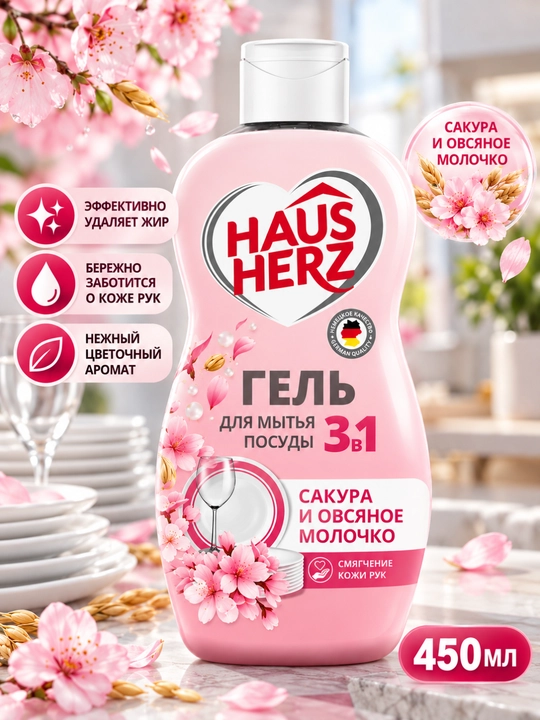 Гель для мытья посуды, Haus Herz, "Нежные ручки", эффективное удаление жира, густая формула - 