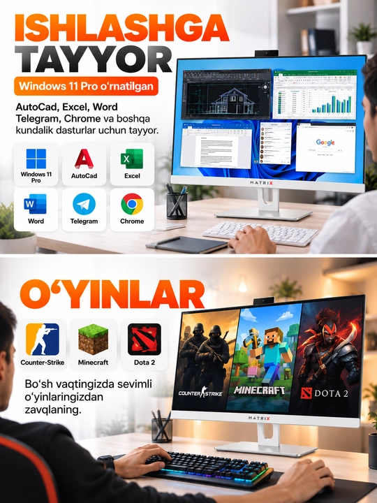 Monoblok, 24 dyuymli, Intel i7/i5/i3 protsessor, DDR3 8GB/16GB RAM, SSD 128/256/512/1024GB
