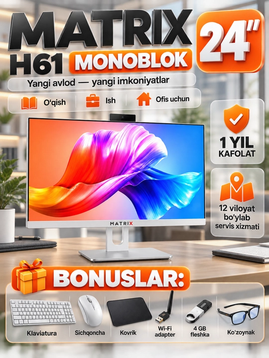 Monoblok, 24 dyuymli, Intel i7/i5/i3 protsessor, DDR3 8GB/16GB RAM, SSD 128/256/512/1024GB - 