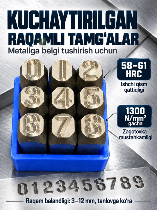 Metall uchun kuchaytirilgan raqamli zarb kleymo to‘plami, 9 dona, 3–12 mm - 