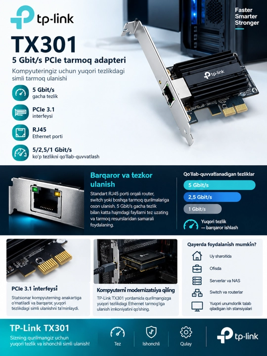 TP-Link TX301 — 5 Gbit/s PCIe tarmoq adapteri, Ethernet RJ45, PCIe 3.1 - 