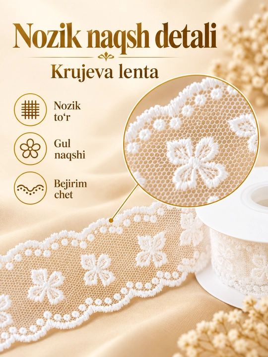 Kiyim-kechak va bezak uchun paxta va sintetik to‘r tasma, 5 m