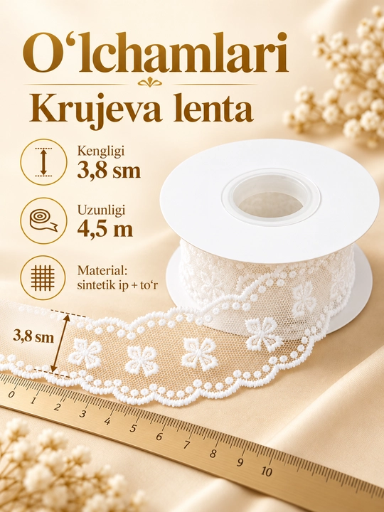 Kiyim-kechak va bezak uchun paxta va sintetik to‘r tasma, 5 m