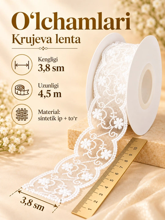 Kiyim-kechak va bezak uchun paxta va sintetik to‘r tasma, 5 m