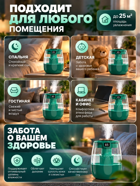 Havo uchun portativ namlagich 2 in 1, ultratovushli, kompakt, 1500 ml