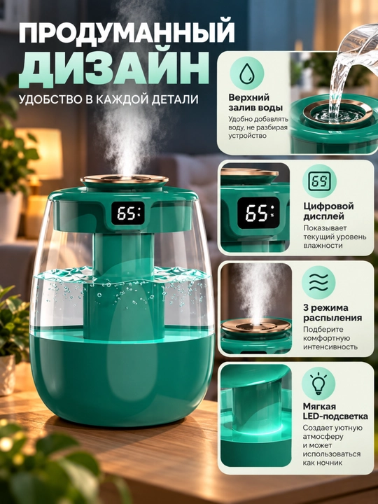 Havo uchun portativ namlagich 2 in 1, ultratovushli, kompakt, 1500 ml