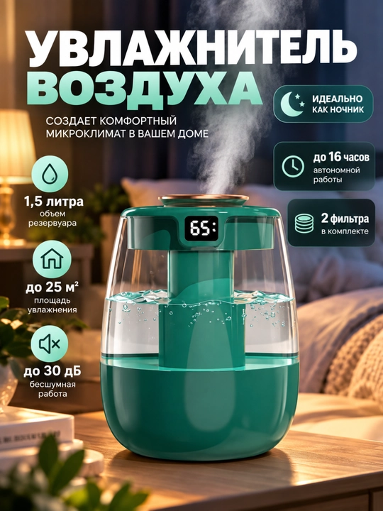 Увлажнитель воздуха, портативный, ультразвуковой  2 в 1, 1500 мл - 