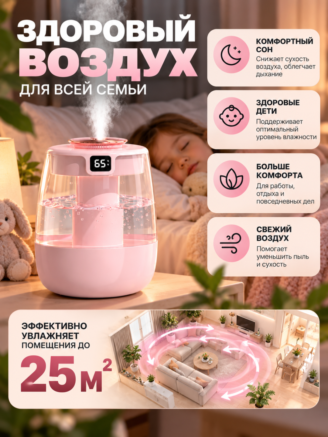 Havo uchun portativ namlagich 2 in 1, ultratovushli, kompakt, 1500 ml