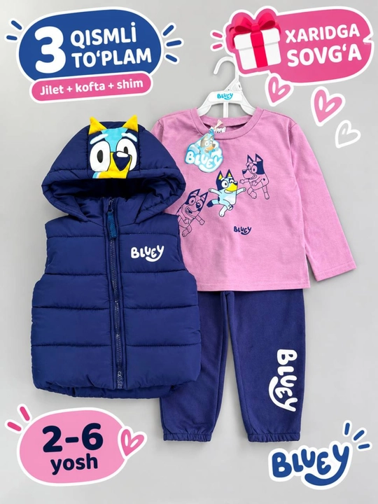 Детский комплект Bluey — жилет с капюшоном, кофта с длинным рукавом и брюки,2–4 года - 