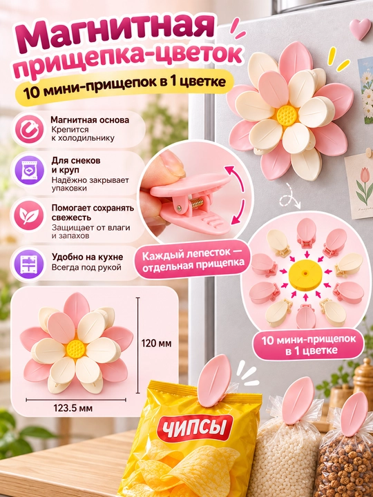 Oshxona uchun magnitli gulcha-qisqich, paketlar uchun organayzer, 10 ta mini qisqich - 