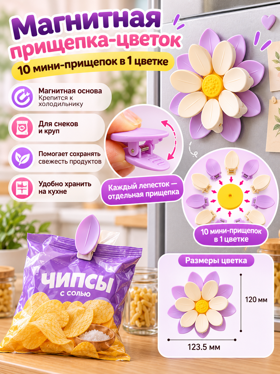 Oshxona uchun magnitli gulcha-qisqich, paketlar uchun organayzer, 10 ta mini qisqich - 