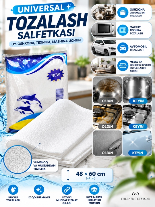 Тряпка Дельфин из микрофибры 60×48 см, универсальная салфетка для кухни, окон и авто, 1 шт - 