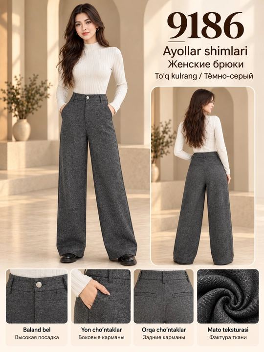 Ayollar klassik shimlari, to‘piqqacha uzunlik, baland bel, to‘g‘ri bichim, cho‘ntakli