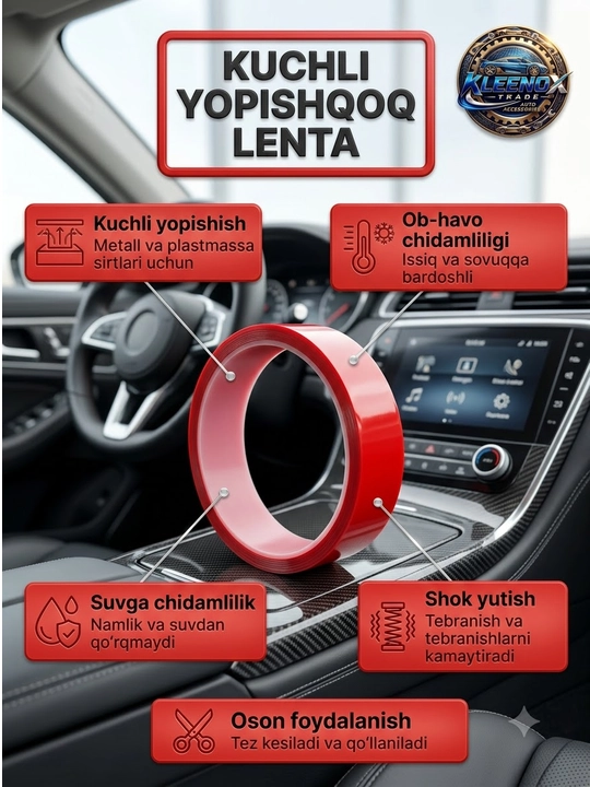 Ikki tomonlama skotch avtomobil uchun Kleenox, shaffof montaj lentasi, suvga chidamli