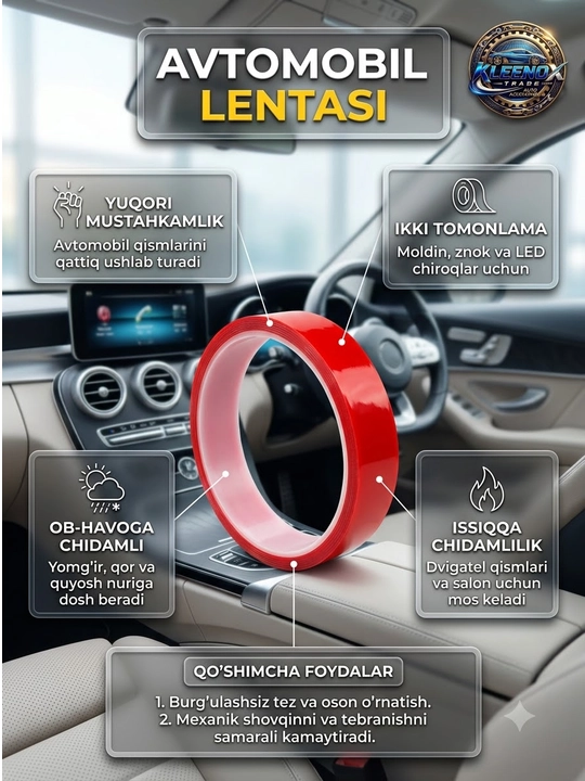 Ikki tomonlama skotch avtomobil uchun Kleenox, shaffof montaj lentasi, suvga chidamli