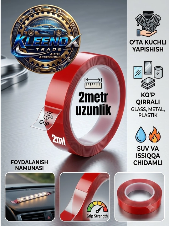 Ikki tomonlama skotch avtomobil uchun Kleenox, shaffof montaj lentasi, suvga chidamli - 