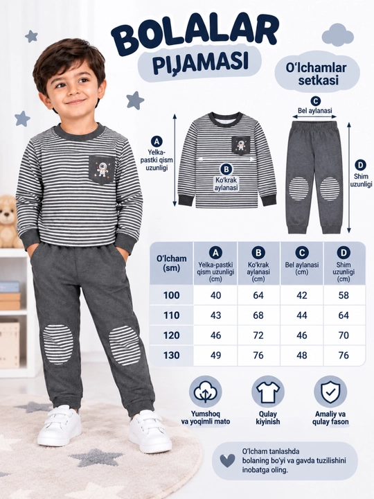 Qizlar va o‘g‘il bolalar uchun bolalar pijamasi, kashmir matodan, kuz va qish mavsumi uchun