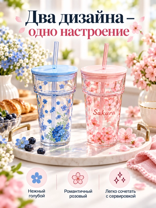 Набор стаканов с крышками и трубочками 2 шт, Sakura и Blue Flowers, цветочный дизайн
