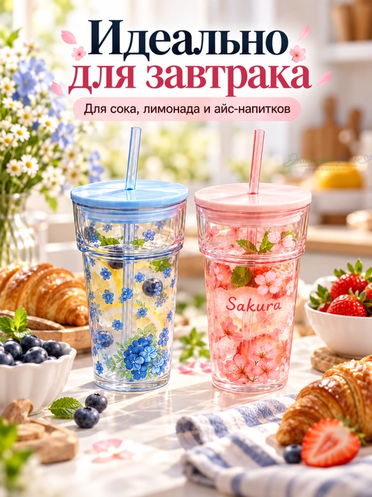 Набор стаканов с крышками и трубочками 2 шт, Sakura и Blue Flowers, цветочный дизайн