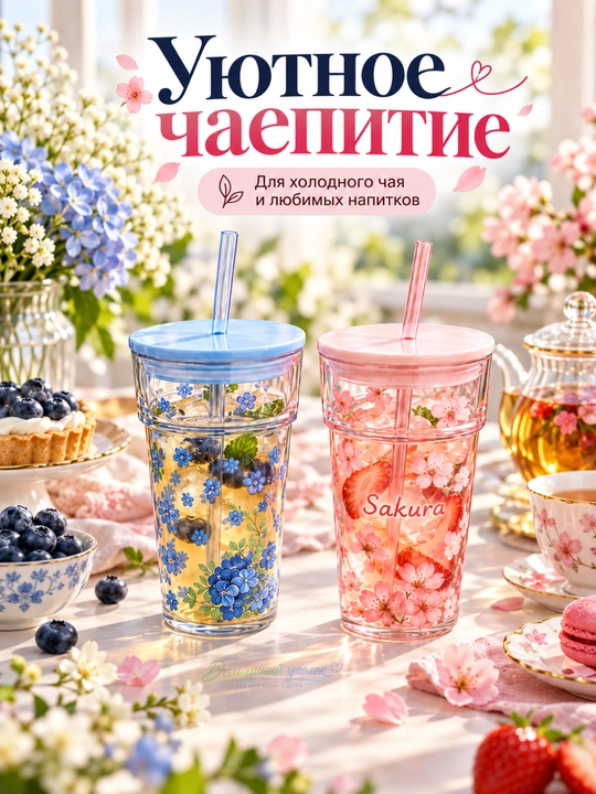 Набор стаканов с крышками и трубочками 2 шт, Sakura и Blue Flowers, цветочный дизайн