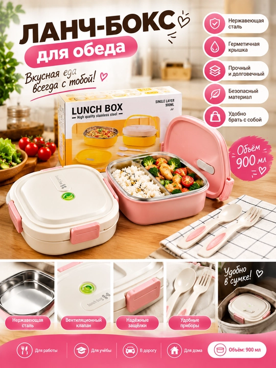 Lanch-boks konteyner, tushlik va ovqat uchun idish, qoshiq va sanchqi bilan lunch box - 