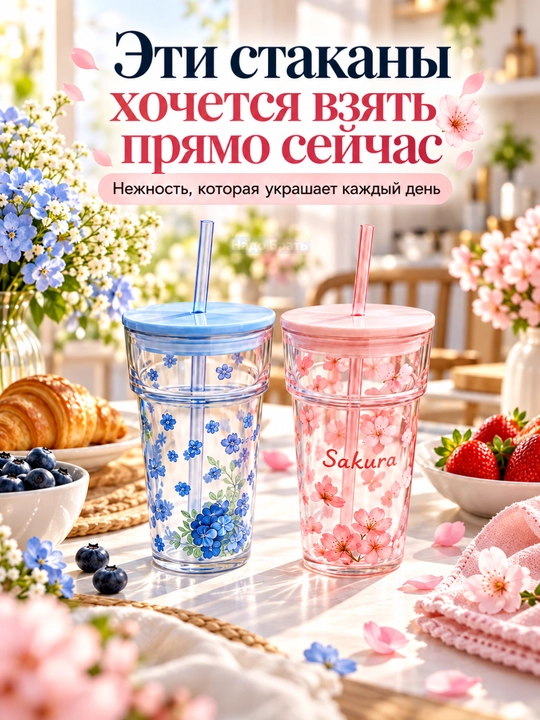 Набор стаканов с крышками и трубочками 2 шт, Sakura и Blue Flowers, цветочный дизайн