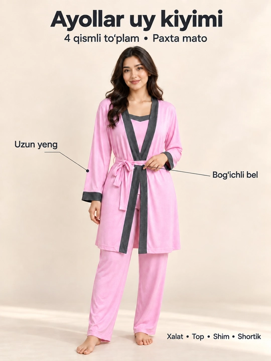 Ayollar uchun 4 qismli uy kiyimi va pijama to‘plami, 100% paxta, xalat top shim va shortik - 