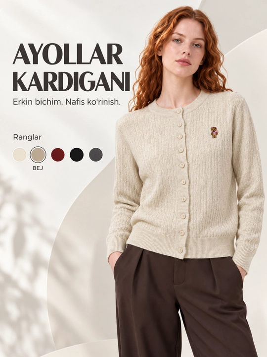 Ayollar va qizlar uchun tugmali to‘qima kardigan, erkin bichim, S–XL - 