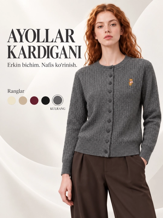 Ayollar va qizlar uchun tugmali to‘qima kardigan, erkin bichim, S–XL - 