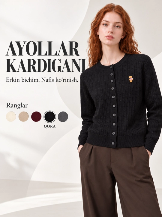 Ayollar va qizlar uchun tugmali to‘qima kardigan, erkin bichim, S–XL - 