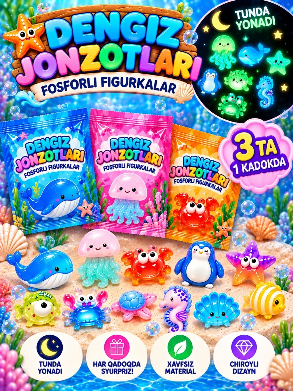  Fosforli syurpriz figuralar — «Dengiz jonzotlari» 1-qadoqda 3 dona